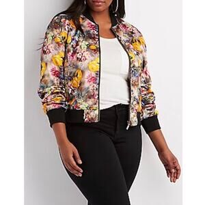 Yoki Womens Large Yellow Floral Satin Bomber Jacket Zip Up Lightweight Colorful